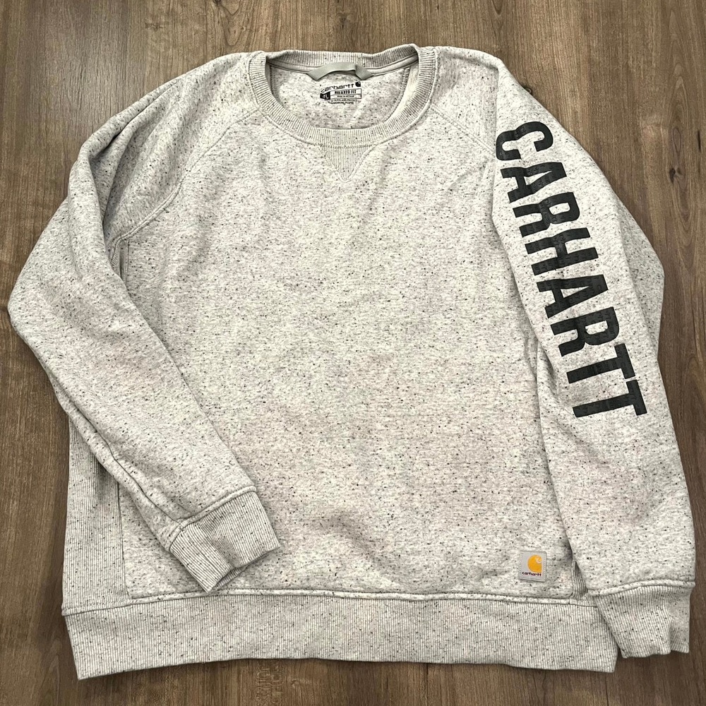Womens Carhartt Sweatshirt Crew Neck Heather Gray Logo Sleeve Relaxed XL 16-18
